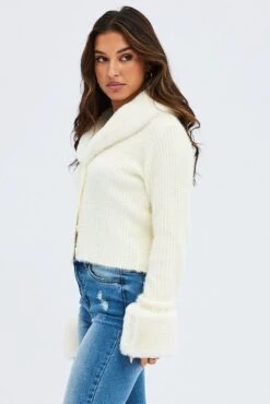 White Knit Cardigan Fur Trim 11 White Knit Cardigan Fur Trim -Women Clothing Shop kn2066 41jb cream 4