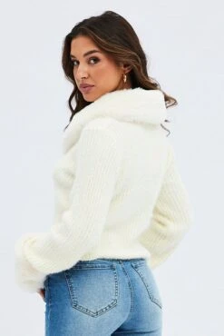 White Knit Cardigan Fur Trim 12 White Knit Cardigan Fur Trim -Women Clothing Shop kn2066 41jb cream 5