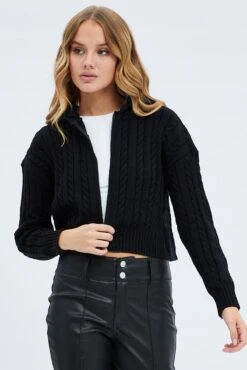 Black Cable Knit Cardigan Hooded -Women Clothing Shop kn2095 41jb black 3