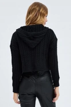 Black Cable Knit Cardigan Hooded -Women Clothing Shop kn2095 41jb black 5