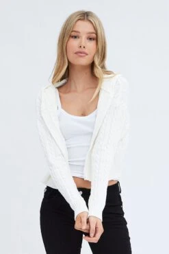 White Cable Knit Cardigan Hooded -Women Clothing Shop kn2095 41jb white 3