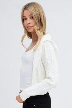 White Cable Knit Cardigan Hooded -Women Clothing Shop kn2095 41jb white 4