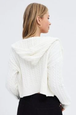 White Cable Knit Cardigan Hooded -Women Clothing Shop kn2095 41jb white 5