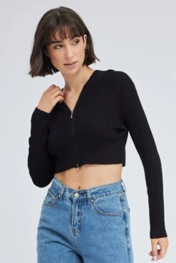 Black Knit Zip Up Cardigan Hooded -Women Clothing Shop kn2122 40jb black 3