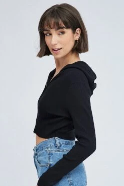 Black Knit Zip Up Cardigan Hooded -Women Clothing Shop kn2122 40jb black 4