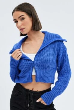 Blue Zip Up Crop Cardigan