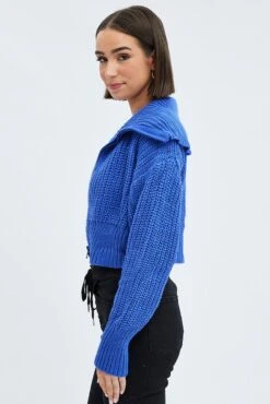 Blue Zip Up Crop Cardigan -Women Clothing Shop kn2122 41jb cobalt 4