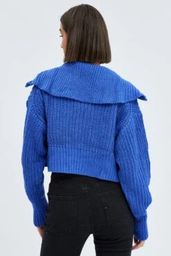 Blue Zip Up Crop Cardigan -Women Clothing Shop kn2122 41jb cobalt 5