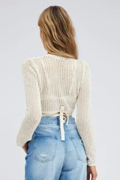 Beige Crochet Knit Cardigan Long Sleeve Tie Up -Women Clothing Shop kn2219 41j natural 5