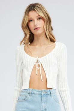 White Tie Up Cardigan Long Sleeve Scoop Neck 10 White Tie Up Cardigan Long Sleeve Scoop Neck -Women Clothing Shop kn2247 40j white 3