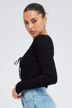 Black Tie Up Cardigan Long Sleeve Scoop Neck -Women Clothing Shop kn2247x 40jb black 4