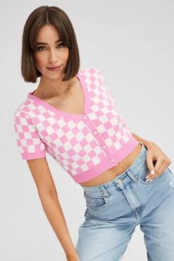 Pink Check Knit Cardigan Short Sleeve