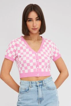Pink Check Knit Cardigan Short Sleeve -Women Clothing Shop kn2295 40j check 3