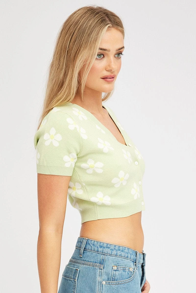Green Floral Knit Cardigan Short Sleeve 6 Green Floral Knit Cardigan Short Sleeve - Image 4