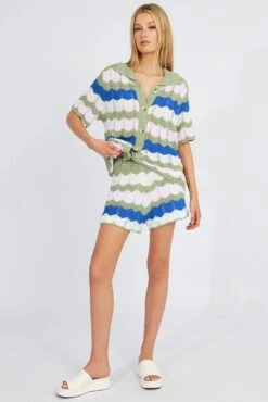Multi Stripe Collar Knit Cardigan Short Sleeve