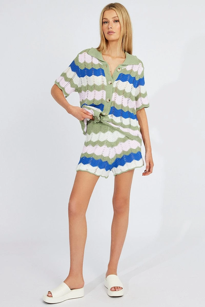 Multi Stripe Collar Knit Cardigan Short Sleeve 3 Multi Stripe Collar Knit Cardigan Short Sleeve