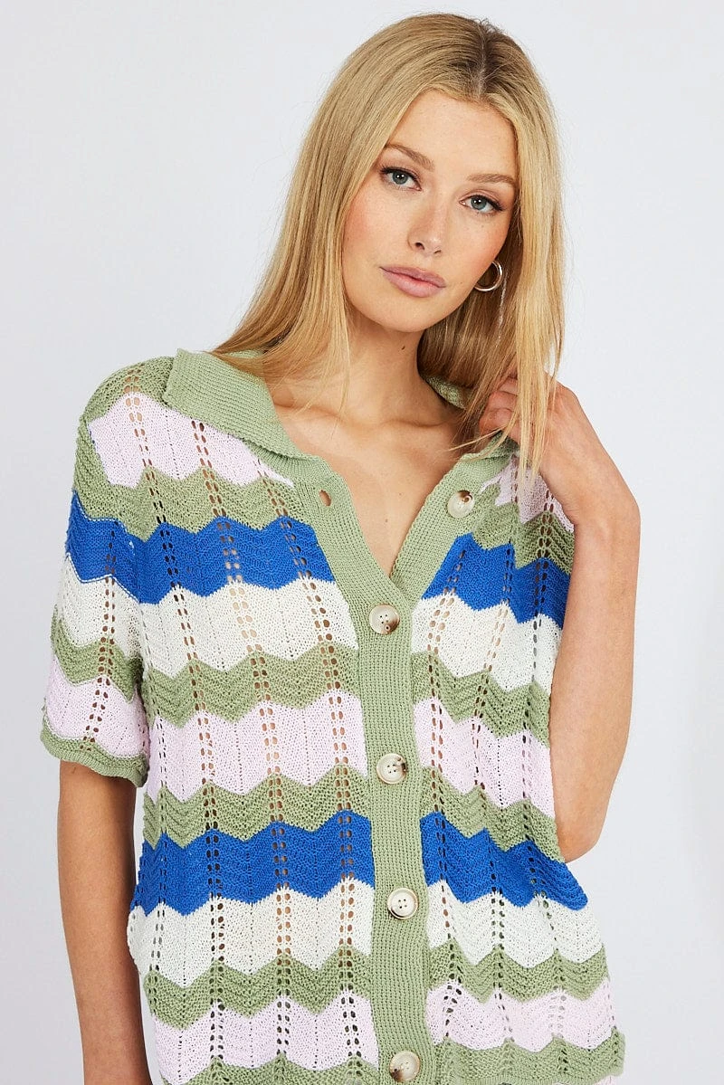 Multi Stripe Collar Knit Cardigan Short Sleeve 4 Multi Stripe Collar Knit Cardigan Short Sleeve - Image 2