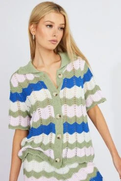 Multi Stripe Collar Knit Cardigan Short Sleeve 10 Multi Stripe Collar Knit Cardigan Short Sleeve -Women Clothing Shop kn2335x 41jb stripe 3