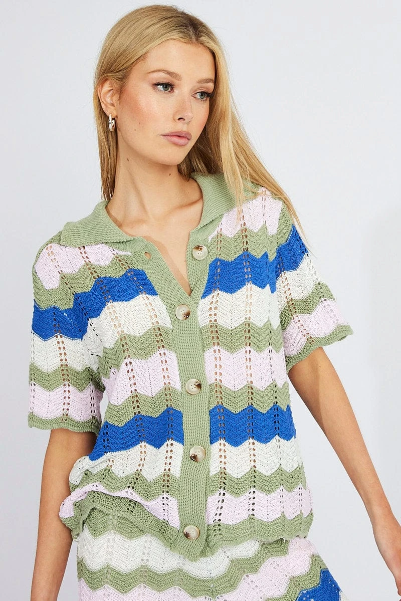 Multi Stripe Collar Knit Cardigan Short Sleeve 5 Multi Stripe Collar Knit Cardigan Short Sleeve - Image 3