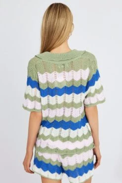 Multi Stripe Collar Knit Cardigan Short Sleeve 12 Multi Stripe Collar Knit Cardigan Short Sleeve -Women Clothing Shop kn2335x 41jb stripe 5