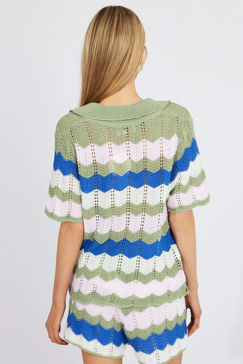 Multi Stripe Collar Knit Cardigan Short Sleeve 7 Multi Stripe Collar Knit Cardigan Short Sleeve - Image 5