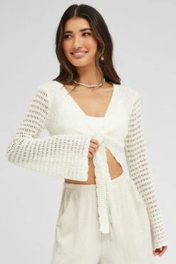 White Crochet Tie Up Cardigan 10 White Crochet Tie Up Cardigan -Women Clothing Shop kn2341 41j cream 3
