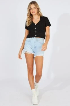 Black Crochet Knit Cardigan Short Sleeve