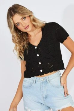 Black Crochet Knit Cardigan Short Sleeve 10 Black Crochet Knit Cardigan Short Sleeve -Women Clothing Shop kn2434 41j black 3