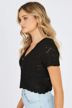 Black Crochet Knit Cardigan Short Sleeve 11 Black Crochet Knit Cardigan Short Sleeve -Women Clothing Shop kn2434 41j black 4