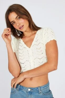 White Crochet Knit Cardigan Short Sleeve -Women Clothing Shop kn2434 41j white 3