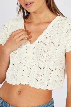 White Crochet Knit Cardigan Short Sleeve -Women Clothing Shop kn2434 41j white 6