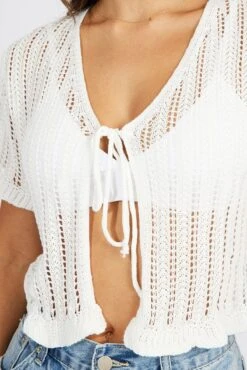 White Tie Up Cardigan Short Sleeve -Women Clothing Shop kn2435 41j white 6