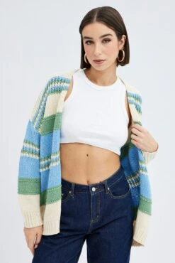 Blue Stripe Oversized Knit Cardigan -Women Clothing Shop kn2697 41pb stripe 3