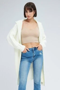 White Oversized Longline Cardigan Hooded -Women Clothing Shop kn3027 45pb white 3