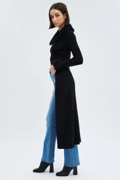 Black Longline Knit Cardigan Faux Fur Trim Ribbed -Women Clothing Shop kn3028 40p black 4