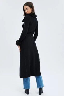 Black Longline Knit Cardigan Faux Fur Trim Ribbed -Women Clothing Shop kn3028 40p black 5