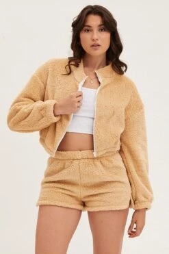 Beige Loungewear Teddy Jacket -Women Clothing Shop lg jacket nude loungewear teddy jacket 32966499696833