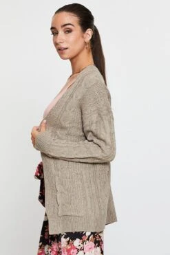 Beige Knit Cardigan Long Sleeve Relaxed Cable -Women Clothing Shop lgline cardigan camel knit cardigan long sleeve relaxed cable 32965140545729