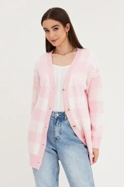Check Knit Cardigan Long Sleeve Longline