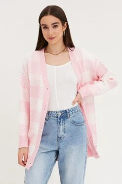 Check Knit Cardigan Long Sleeve Longline -Women Clothing Shop lgline cardigan check knit cardigan long sleeve longline 32965146181825