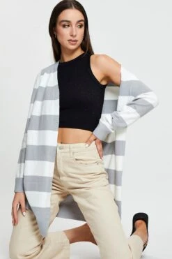 Stripe Knit Cardigan Long Sleeve Relaxed Longline