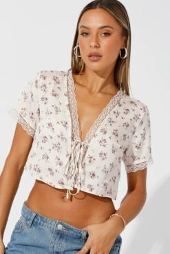 Beige Ditsy Tie Cardigan Short Sleeve -Women Clothing Shop oj1185a 47wb ditsy 3