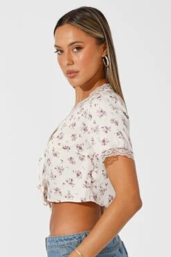 Beige Ditsy Tie Cardigan Short Sleeve -Women Clothing Shop oj1185a 47wb ditsy 4