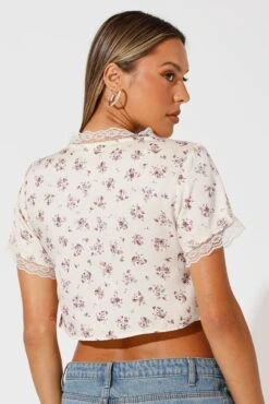 Beige Ditsy Tie Cardigan Short Sleeve -Women Clothing Shop oj1185a 47wb ditsy 5