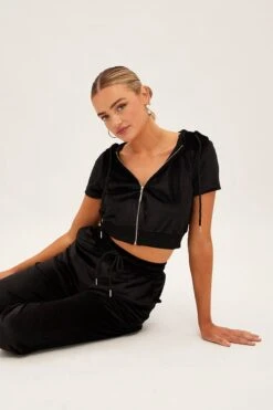 Black Velour Short Sleeve Zip Lounge Hoodie