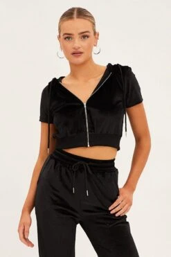 Black Velour Short Sleeve Zip Lounge Hoodie -Women Clothing Shop oj12900 f3 black 3