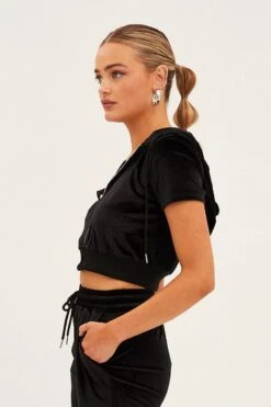 Black Velour Short Sleeve Zip Lounge Hoodie -Women Clothing Shop oj12900 f3 black 4