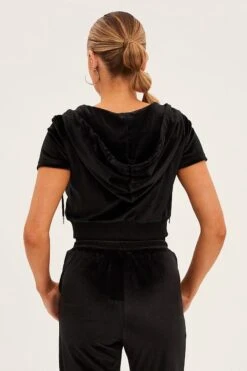 Black Velour Short Sleeve Zip Lounge Hoodie -Women Clothing Shop oj12900 f3 black 5