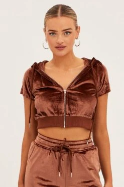 Brown Velour Short Sleeve Zip Lounge Hoodie -Women Clothing Shop oj12900 f3 chocolate 3