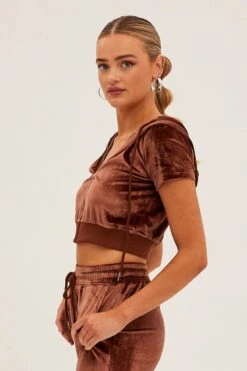 Brown Velour Short Sleeve Zip Lounge Hoodie -Women Clothing Shop oj12900 f3 chocolate 4